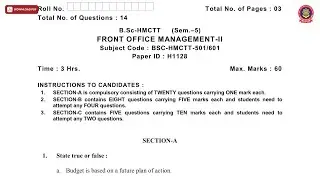BSC 5TH SEM HMCTT FRONT OFFICE MANAGEMENT 2ND H NOV 2019 | PTU