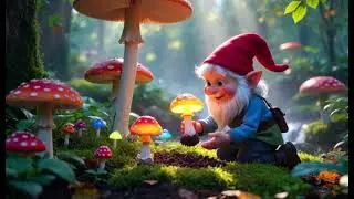 A gnome gardener plants glowing mushrooms in a misty fairy glade. 2D storybook animation.