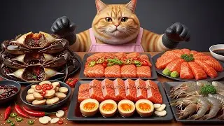 😻 Fat Cat Eats EVERYTHING Soy-Marinated 🦀🦐🥚 | Korean Ganjang Mukbang ASMR