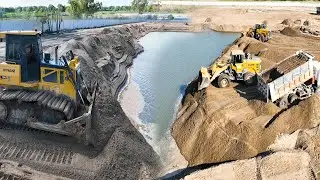 New update Dozer Pushing sand to clear a large lake and Truck 25Ton