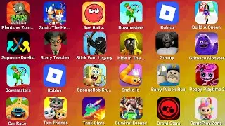 Roblox Barry's Prison Run, Hide In The Backroom, SpongeBob, Red Ball 4, Bowmasters, Talking Tom Cat