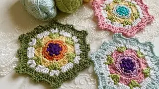 Let's crochet an easy floral hexagon | crochet hexagon pattern | crochet coasters @mycraftstory