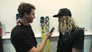 Banks Gilberti shows off the Surface Double Time ski, SIA Snow Show 2013