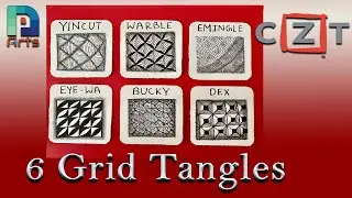 Zentangle Original Grid Tangles - Emingle, Yincut, Warble, Dex, Bucky, and Eyewa -  CZT - Monotangle