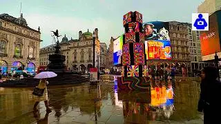 London Rainy Walk 🇬🇧 West End, Oxford & Regent Street, Piccadilly Circus  [4K HDR]