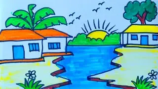 🌅 Sunset Drawing Tutorial || Easy & Beautiful Scenery Drawing Step by Step