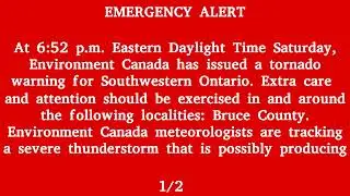 Environment Canada, Alert Ready - Tornado Warning, Southwestern Ontario (Lake Huron & Bruce County)