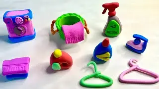 Clay Washing Machine Set Making | Mini Washing Machine, Cleaning Supplies, Bucket & Iron | clay art 