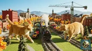 🍁🐱🚂Playful Orange-and-White Cats Explore a Miniature Train Diorama in a Vibrant Canadian Autumn City