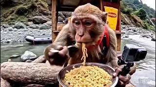 Monke Vlogs #2 Ganga ke kinare maggi 😋 #monkevlogs #ai #veo3 #shorts