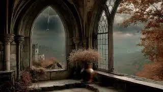Gothic Window Overlook | Watching the Light Fade Over the Autumnal Hills | Dark Academia Ambience