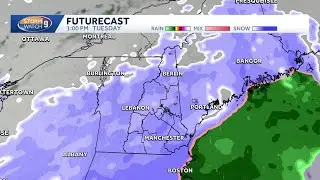 Hour-by-hour forecast of snow moving into New Hampshire