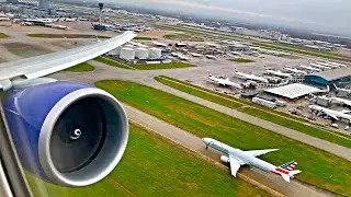 BOEING 777-300ER GE90 Engine View - Rainy Day Take Off From London Heathrow