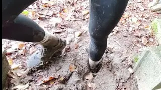 legging sinking in mud with Adidas shoes getting stuck in mud