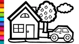 House, Tree, Car Drawing || How to Draw A House & Tree 