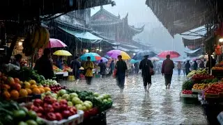 Extreme! Walking in the rain & flooding on traditional market streets in urban Indonesia | Rain Drum