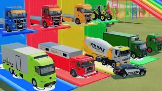 TRANSPORTING EXCAVATOR, POLIMIX MIXER TRUCK, FIRE TRUCK, POLICE CAR TO GARAGE MAN TRUCK   FS22