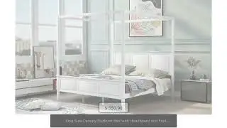 King Size Canopy Platform Bed with Headboard and Footboard; With Slat Support Leg; White