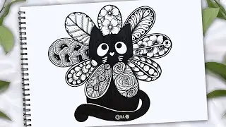 🌼How To Draw Cute Cat With Flower Zentangle Art🌼