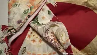 Pastel Yellow on Red Silk Furisode - Hiougi & Herons - Vintage Kimono for Women - Aristocrat Fans