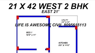 21 &times; 42 west face 2 BHK house plan with center line marking