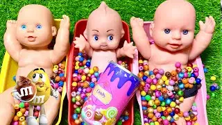 4 Minutes Satisfying with ASMR Mixing Candy & FunnyMake Up in Three Bathtubs with M&M's Slime 473