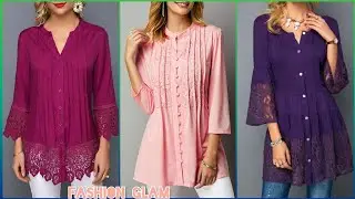 New Casual Wear Button Down Lace Patchwork Ladies Cotton Tunic Top Shirts & Long Blouse Styles