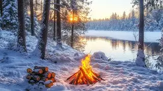Спокойный зимний костер у озера ❄️🔥 Расслабьтесь под звуки огня и волн