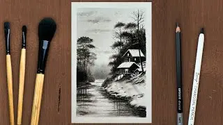 Silent Winter Cabin | Charcoal Pencil Landscape Drawing That Feels Real