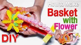 DIY craft, paper nice and colorful basket with flower