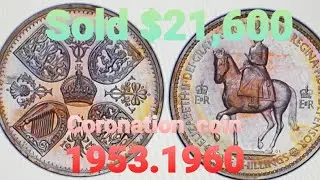 UK   crown  coin. 1953, 1960 Coronation coins worth  money & Grading grade quantity & Mintage