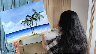 Satisfying Watercolor Beach Painting (Time-Lapse)🏖️🌊🌴🌞