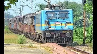 WAG-7 Electric Locomotive hauling full loaded Indian Railways Freight Train