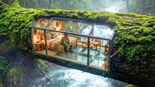 Secret Tree Trunk Room Over a Waterfall 🌲 | Silent ASMR Survival Build