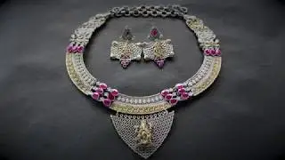 Dual Tone Temple Necklace Set with Pink Stone
