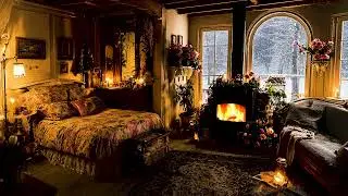 Frozen Cabin Night Calm with Fireplace Embers and Quiet Snowfall Sounds for Restful Sleep