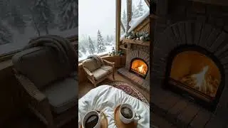 Peaceful Snowy Cabin ❄️ Cozy Winter Fireplace & Coffee #shorts