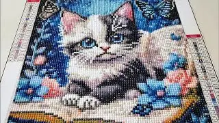 Diamond Art Cat with Butterflies, Flowers, and a Book Design (Day 4)