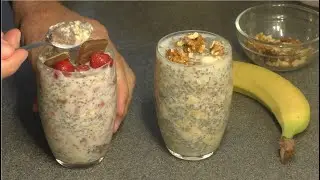 2 Dessert - Schräge Kombination - mit Banane, Haferflocken, Walnüsse, Erdbeeren  und Chiasamen