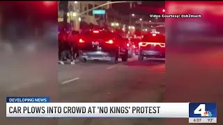 Woman injured after car plows into crowd at &lsquo;No Kings' rally in Riverside