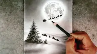 Night mode moonlight christmas landscape drawing with pencil ! Santa Claus chariot drawing !