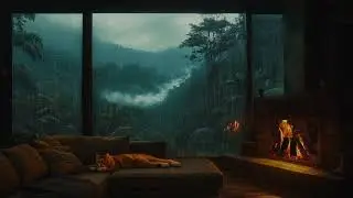 Warm & Relaxing Night | Sleeping Cat, Crackling Fireplace & Tropical Forest Views