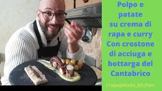 POLPO CON PATATE SU CREMA DI RAPA E CURRY CON CROSTONE DI ACCIUGA E BOTTARGA DEL CANTABRICO