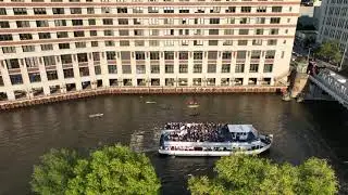 Drone View Wendella Tour Boat Turning Around On Chicago River