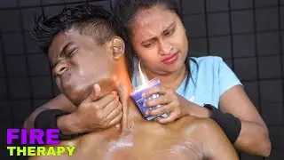 Upper Body & Back Body Hair Removal With Fire | Barber Girl Pakhi | Neck Cracking Relaxation 