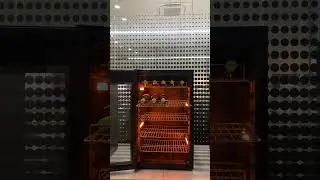 wine cooler with warm yellow light and wire shelves #winefridge #winecooler #winecellar
