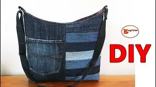 DIY DENIM SCRAPS PATCHWORK CROSSBODY TOTE BAG SEWING TUTORIAL | DENIM BAG MAKING AT HOME
