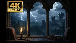 Medieval Castle Window with Distant Thunder & Rain 🏰 Relaxing Piano Music for Study & Sleep