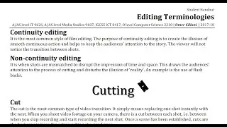 A level Media Studies 9607 - Media texts / Textual Analysis - EDITING TERMINOLOGIES - part1