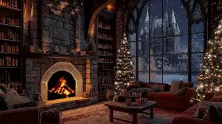 📚 Magical Castle Library: Crackling Fireplace & Snowy Window ASMR - Relaxing Study & Sleep 🏰❄️✨